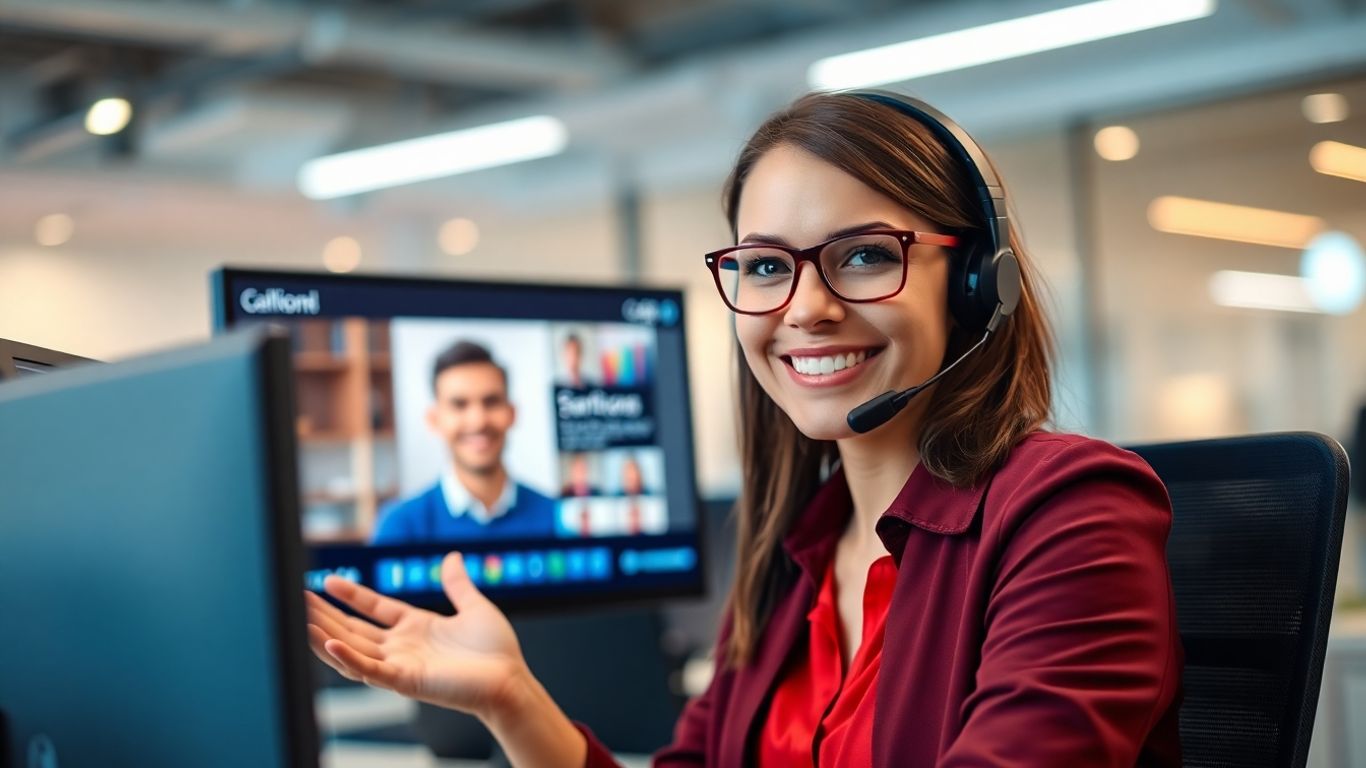 Photorealistic call center agent with headset smiling warmly.