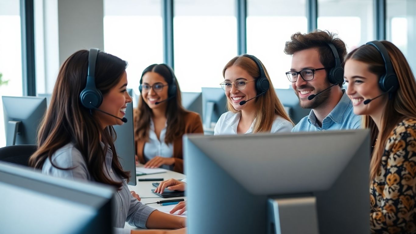 Call center agents working in a modern bright office