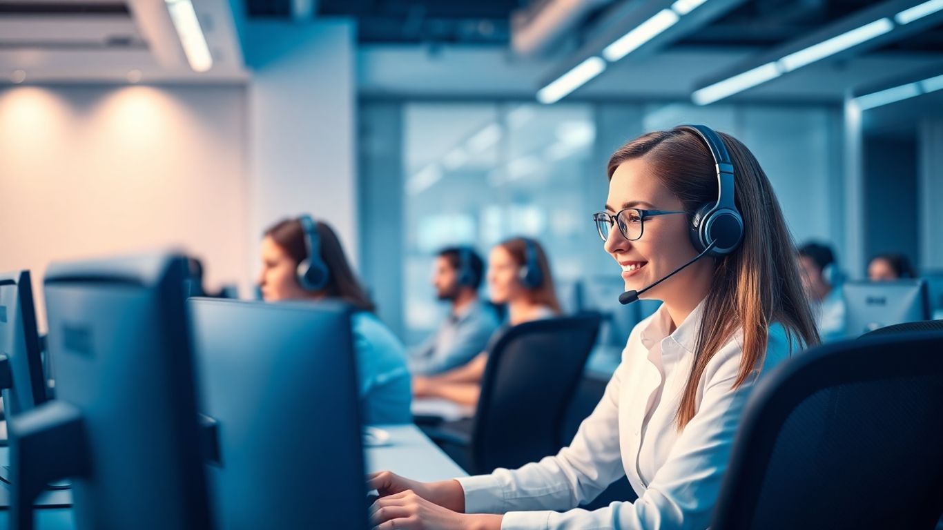 Modern call center agents with headsets and computers