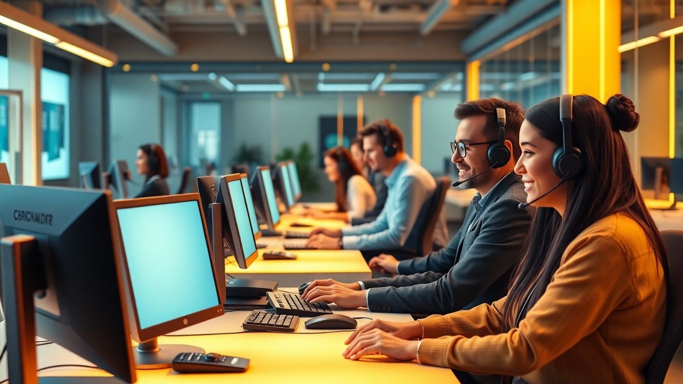 Call center agents working at bright modern workstations