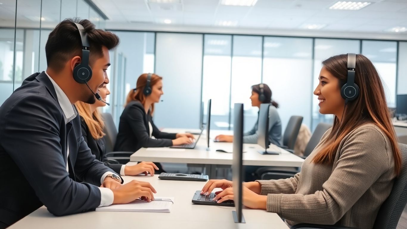 Call center agents listening attentively in modern office