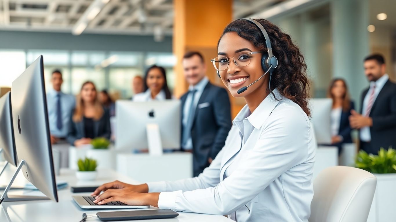 Professional call center agent assisting customers on headset