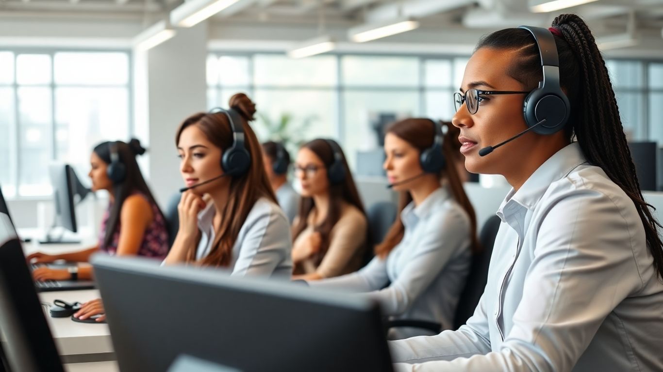 Call center agents working calmly at modern desks