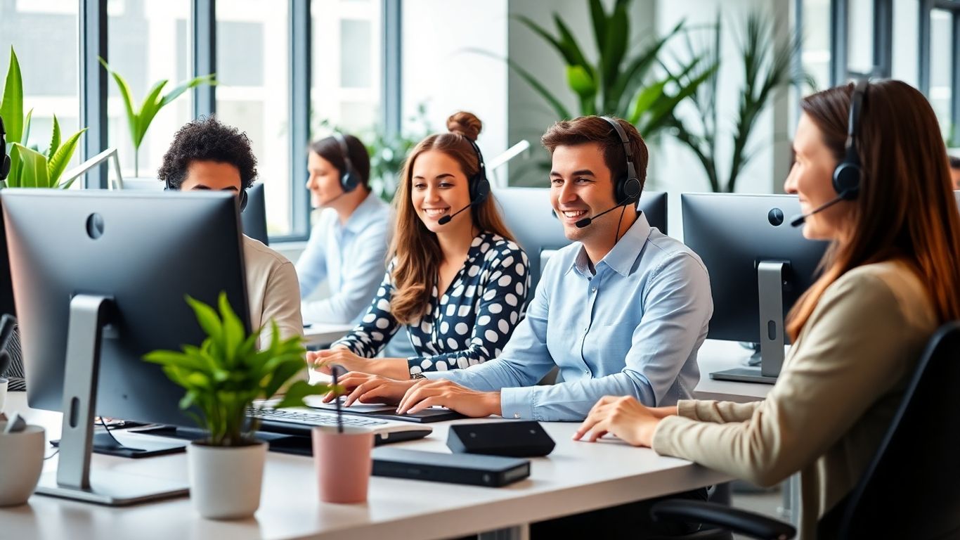 Modern call center team working with headsets