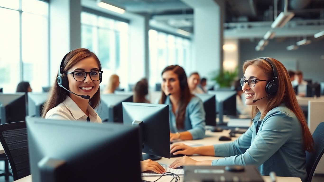 Call center agents working in modern bright office