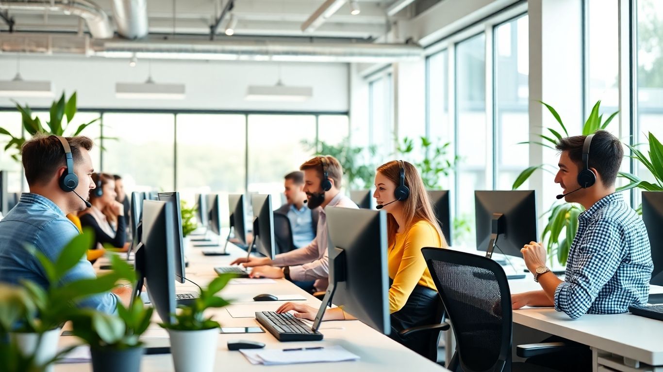 Call center agents working in a bright modern office