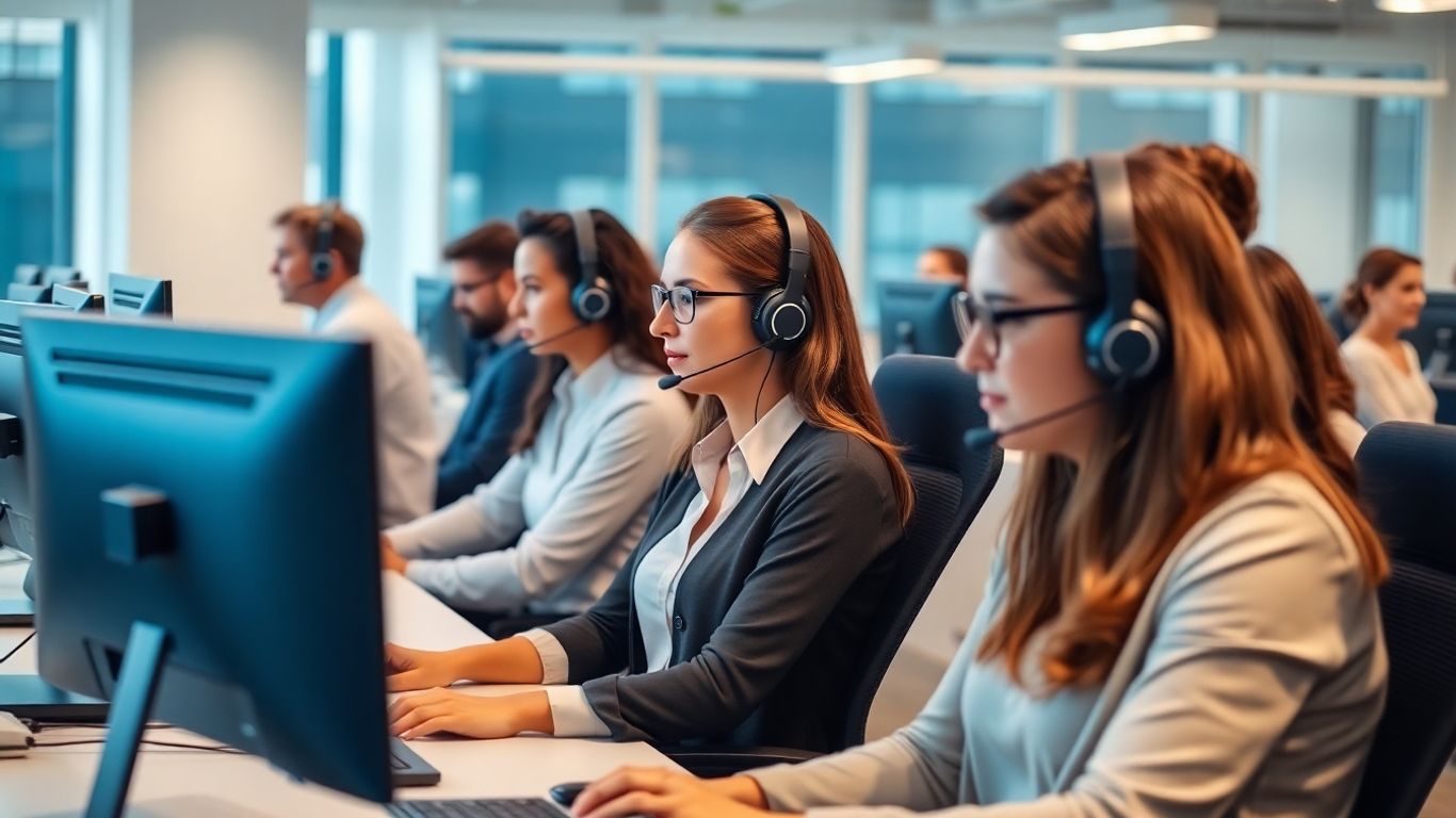 Modern call center agents assisting customers on phones