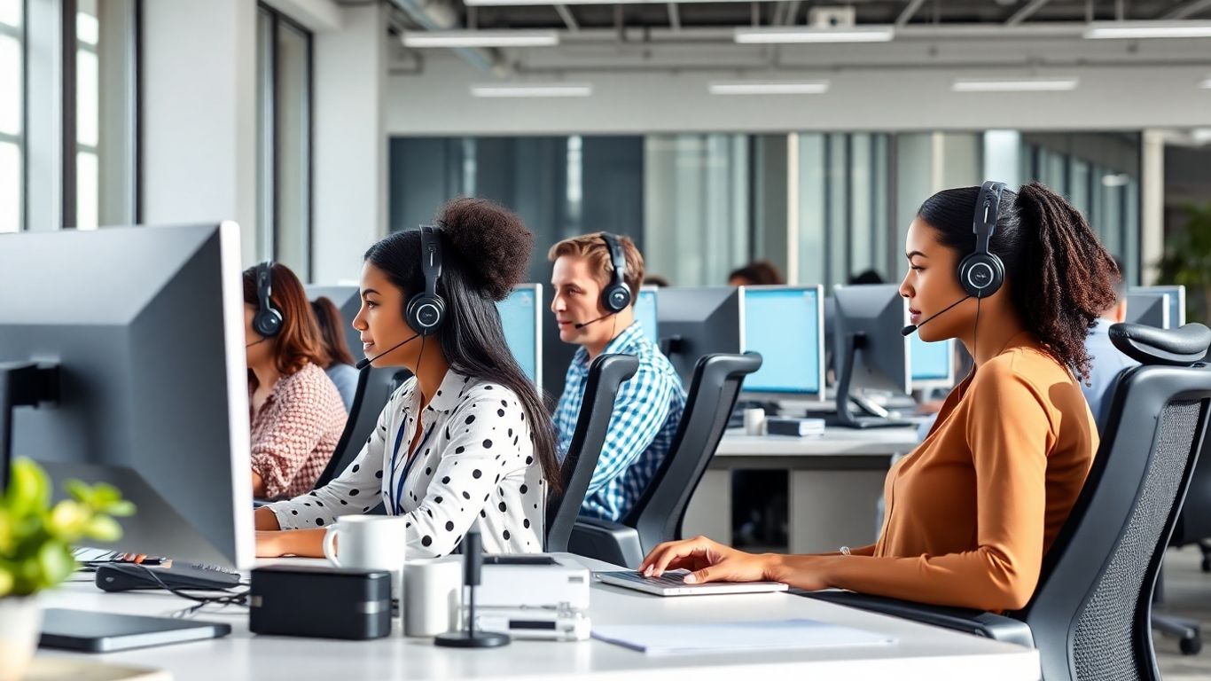 Modern call center agents working in a bright office