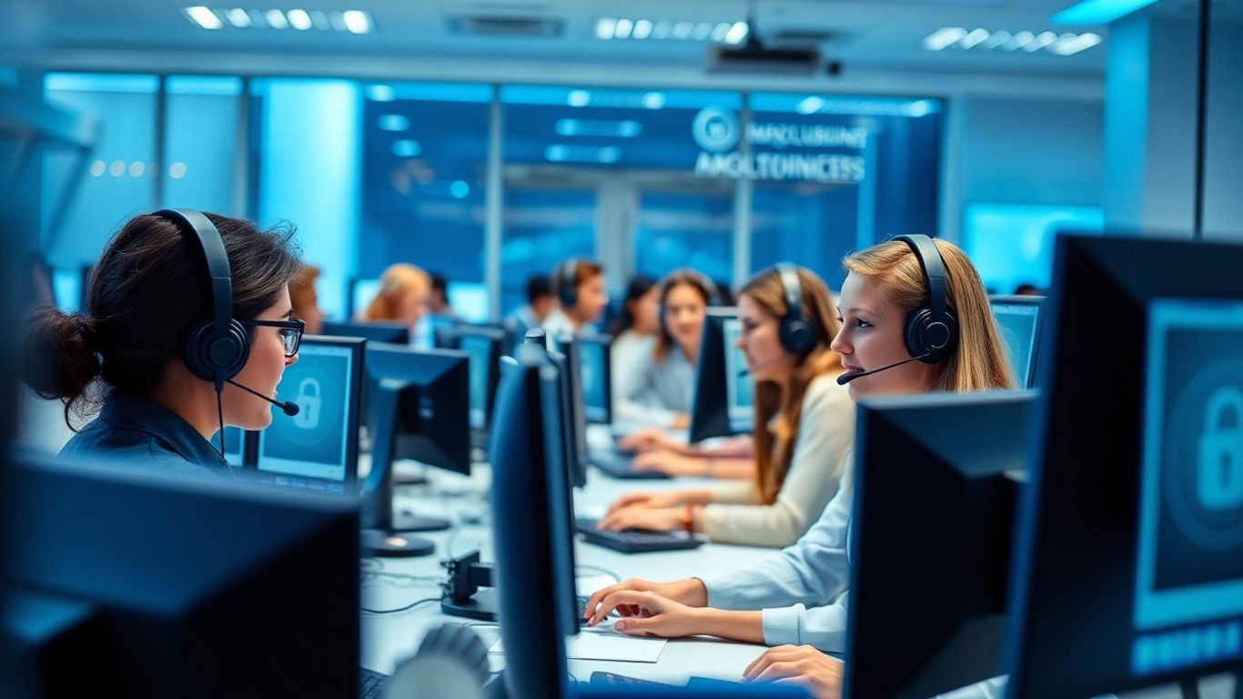 Call center agents at computers in secure office