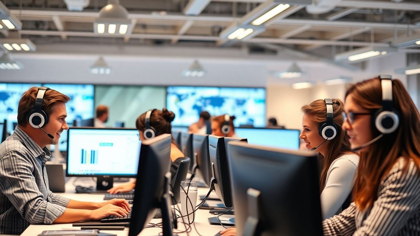 Call center agents working with headsets in a bright office