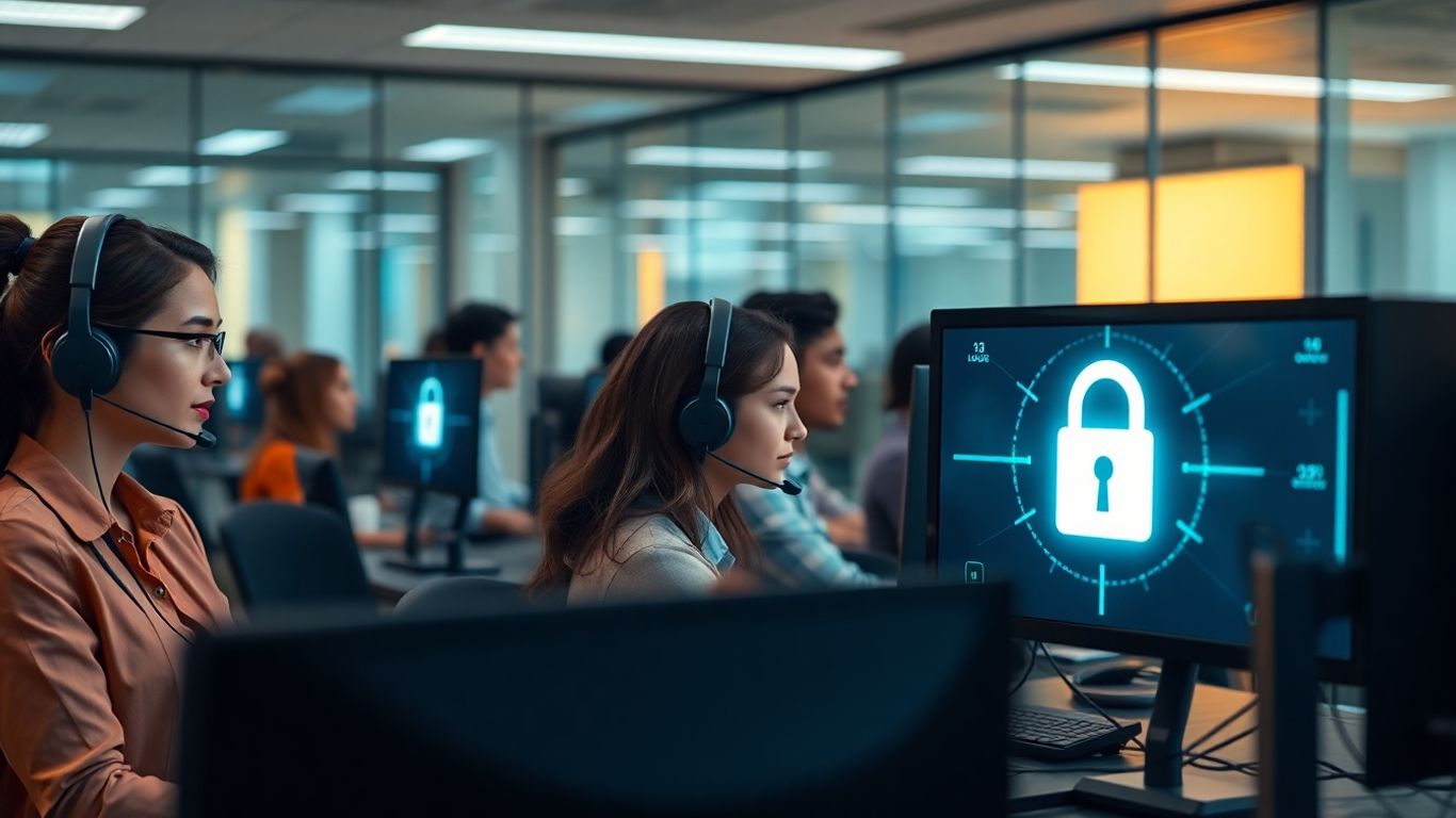 Call center agents in secure, modern office setting