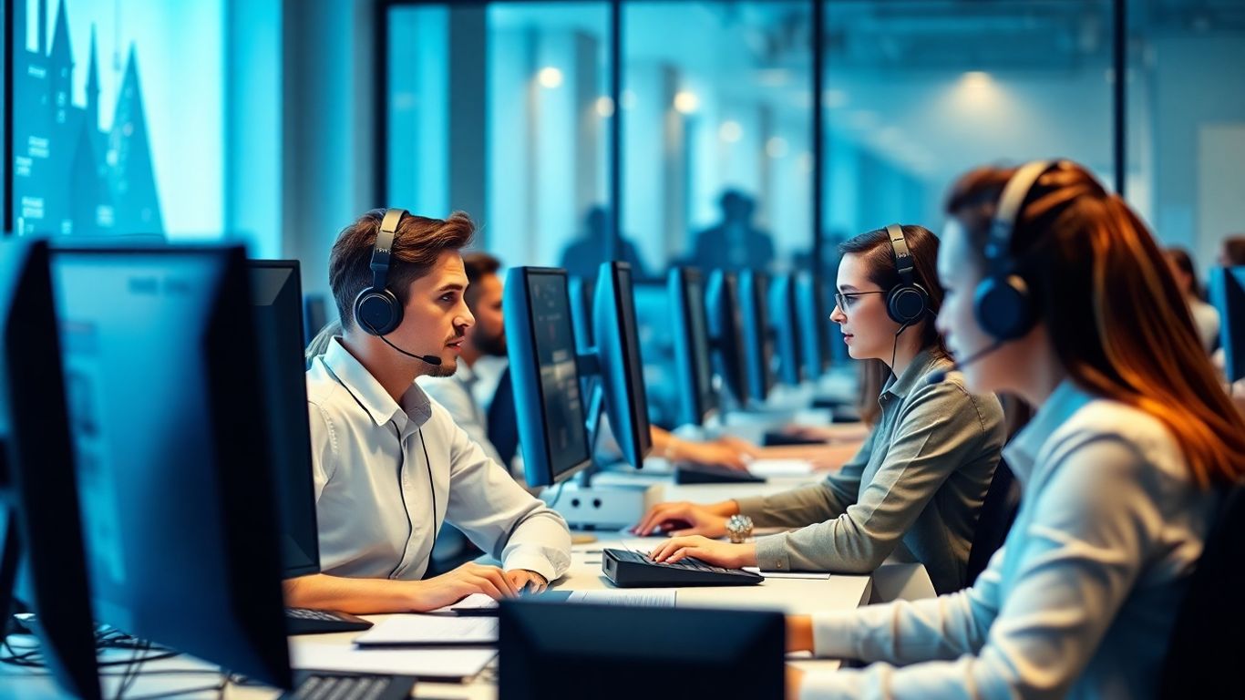 Call center agents with headsets in modern tech workspace