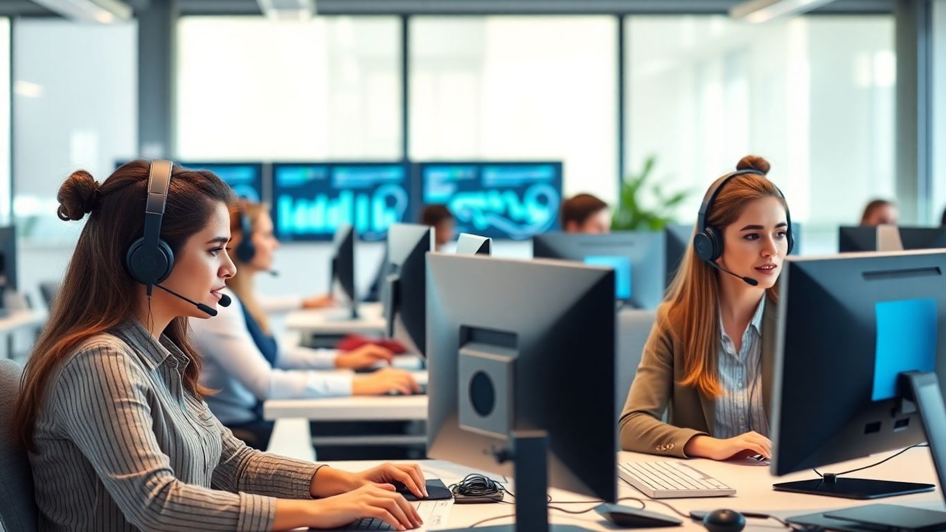 Modern call center agents working with advanced technology