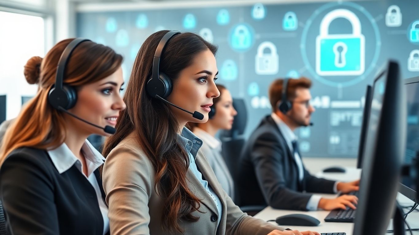 Call center agents working with security technology