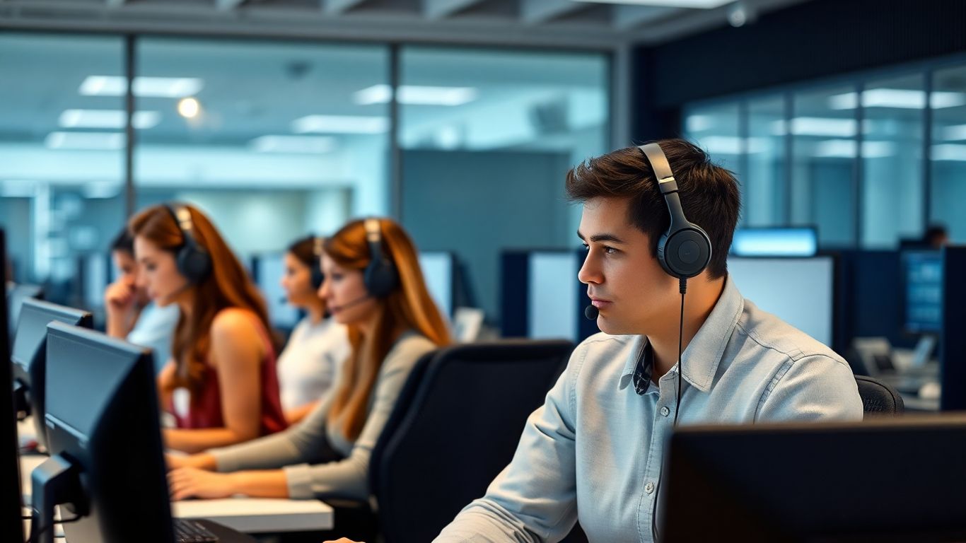 Call center agents working in a secure office