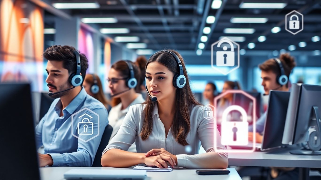 Call center agents in a modern, secure workspace
