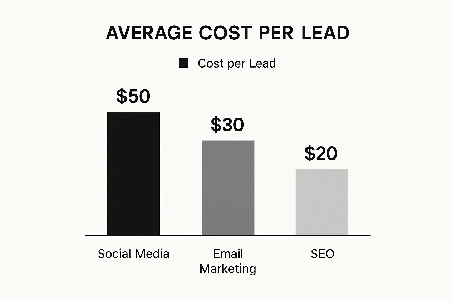 Infographic comparing the average cost per lead for Social Media ($50), Email Marketing ($30), and SEO ($20).