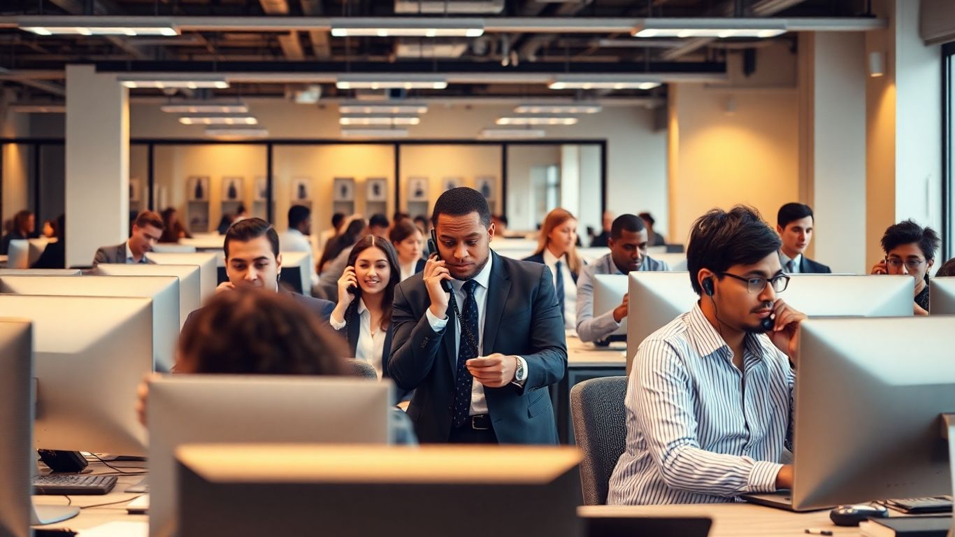 Office professionals answering phones during busy business period