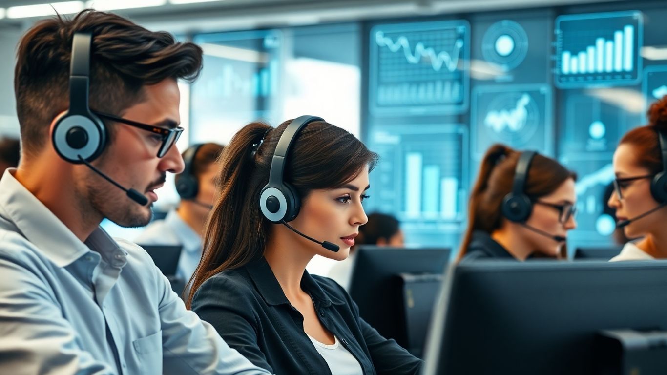 Call center agents with digital data overlay, modern office