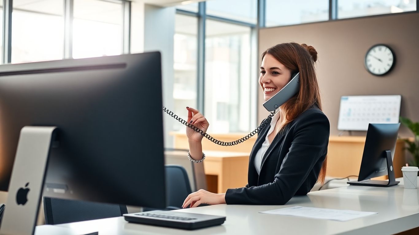 Receptionist scheduling appointments in a bright office