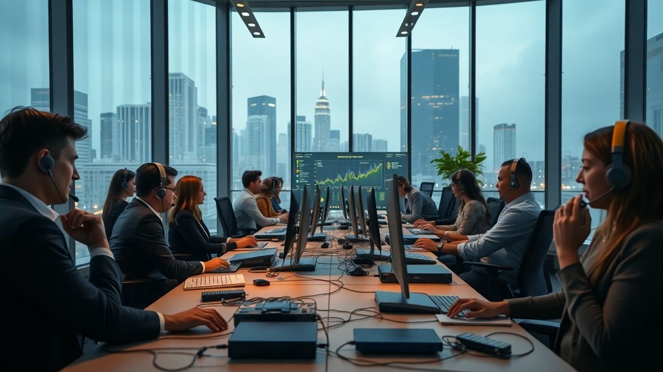 Professionals with headsets in a bright office setting