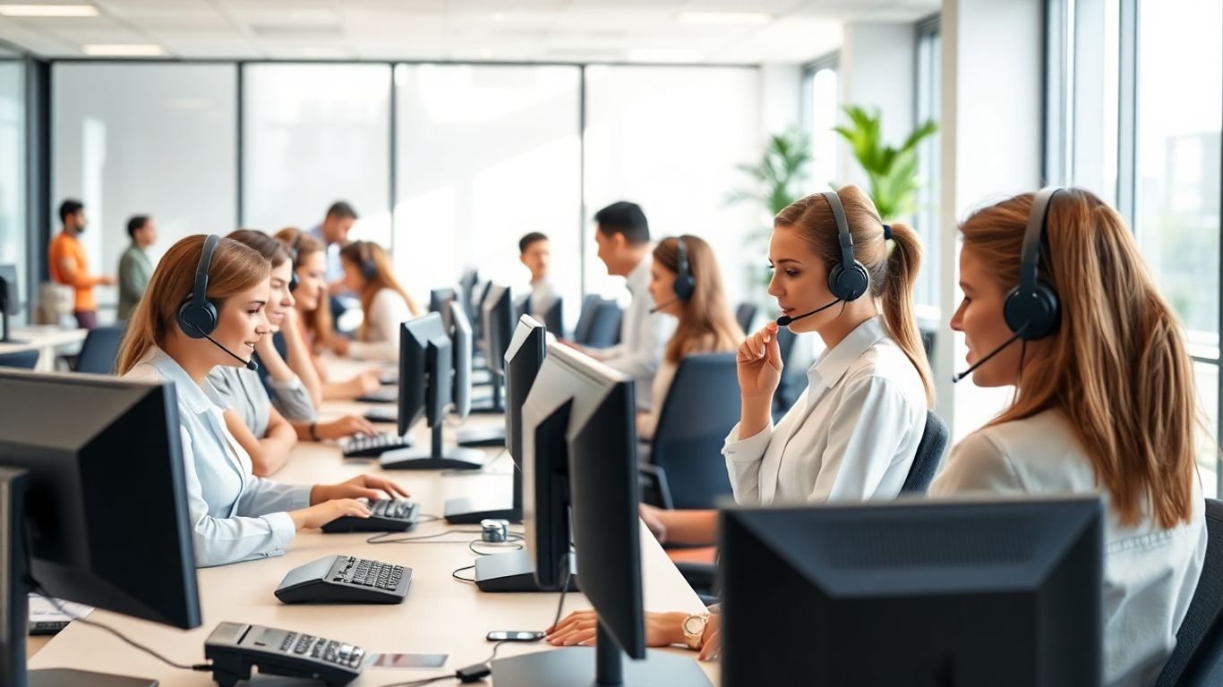 Multiple receptionists answering calls in a bright office