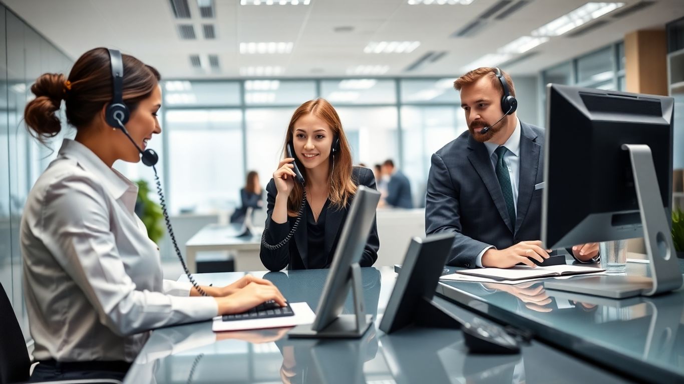 Receptionist and agent using phones in modern office