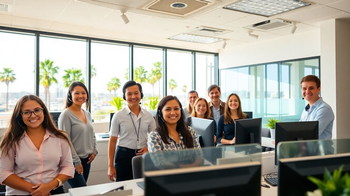 Receptionists with headsets in modern Huntington Beach office