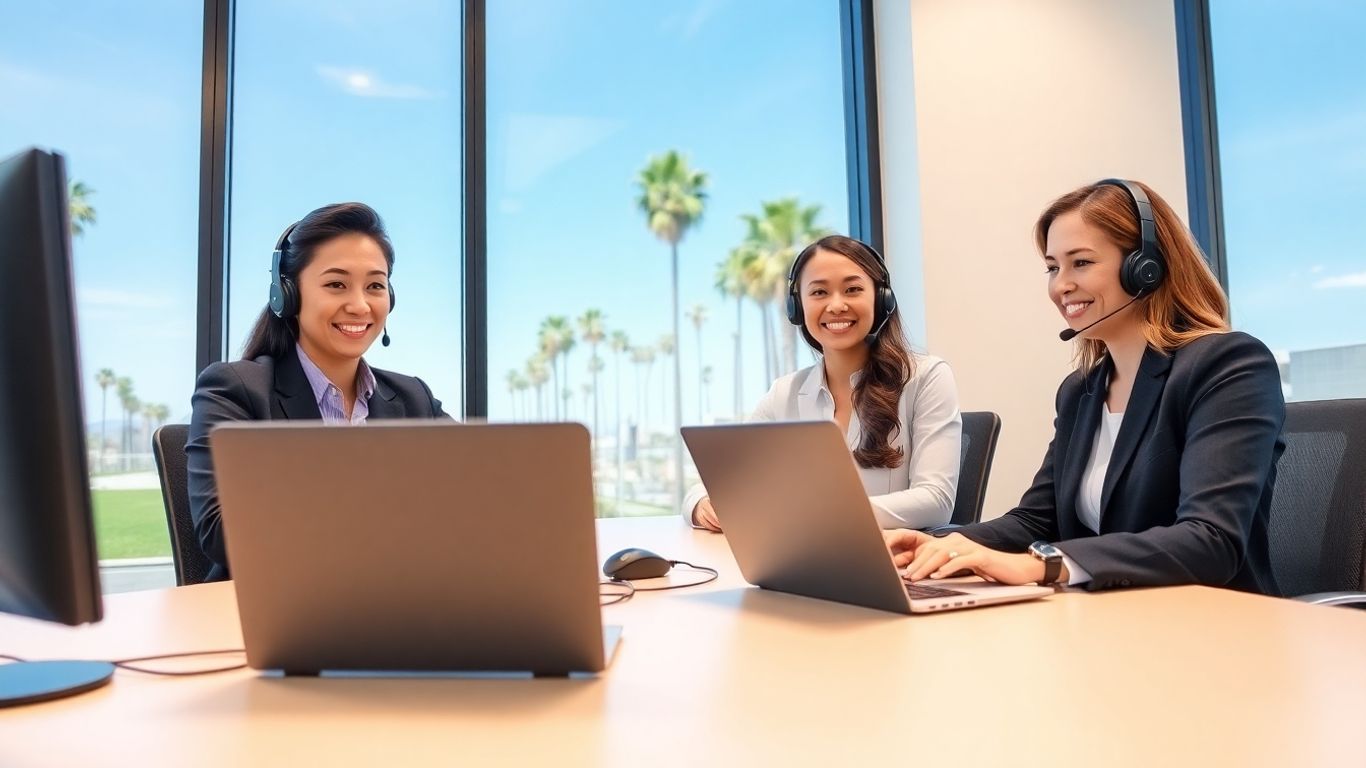 Business professionals with headsets at Huntington Beach office