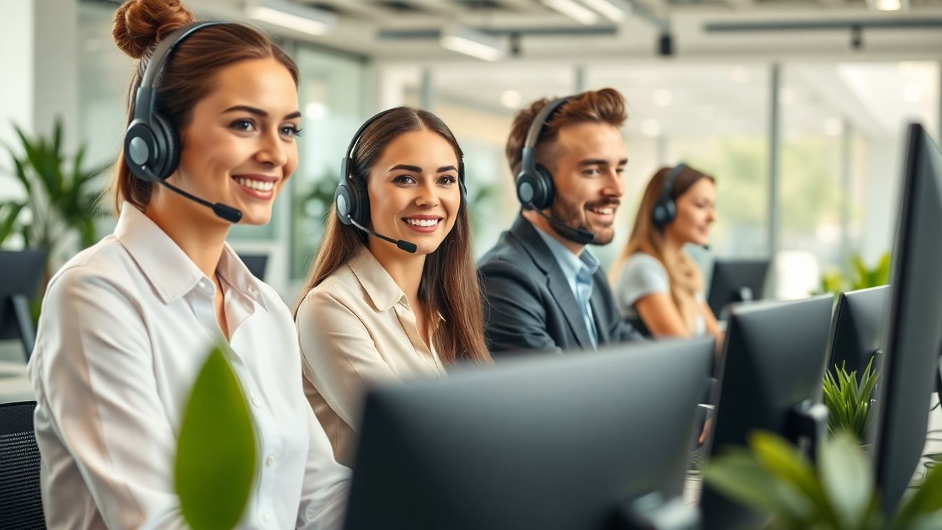 Call center agents assisting customers in a modern office