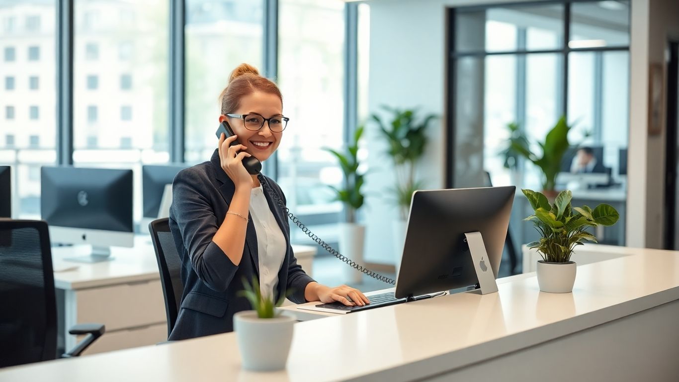 Receptionist answering phone in modern Brownsville office