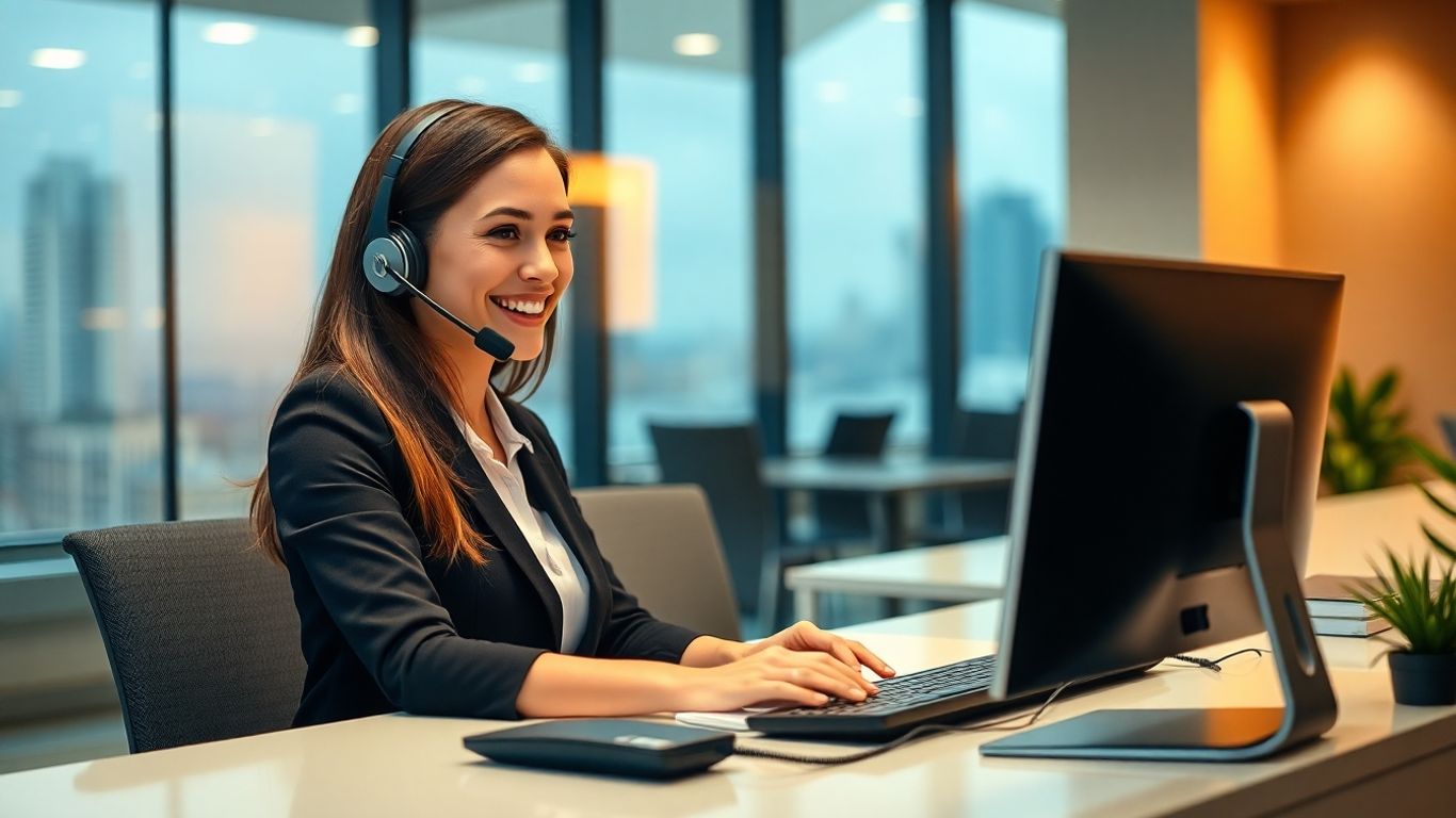 Receptionist answering phone in a bright modern office