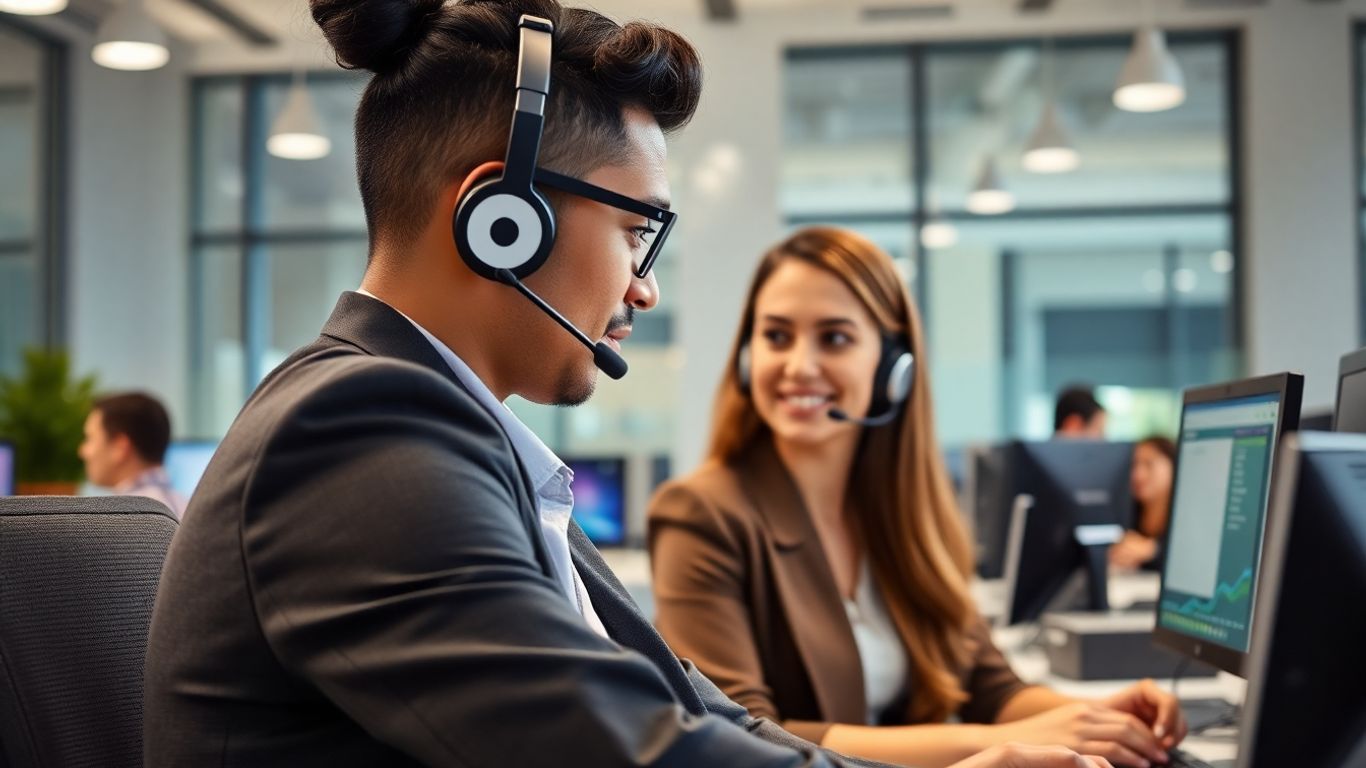 Call center agent assisting client with digital tools
