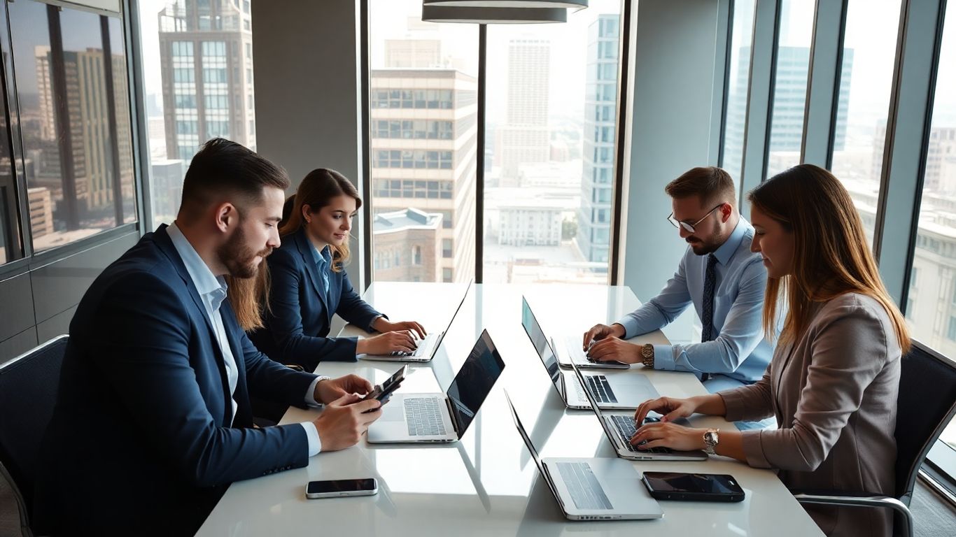 Modern office employees using digital devices together