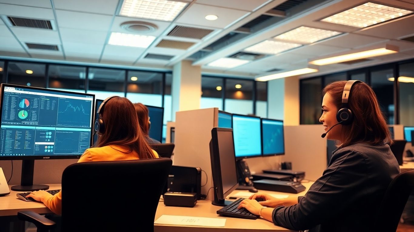 Answering service operators at work in modern office.