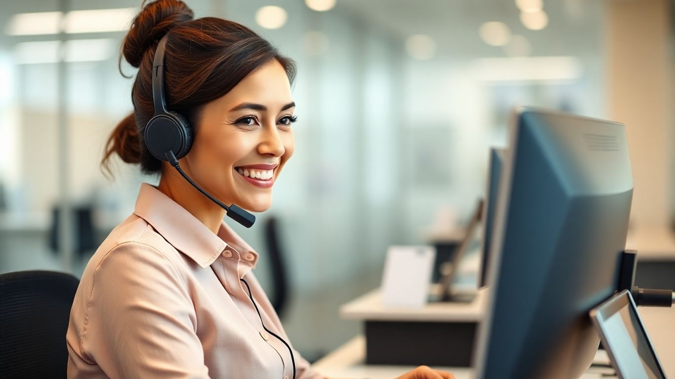 Receptionist answering phone at modern office desk