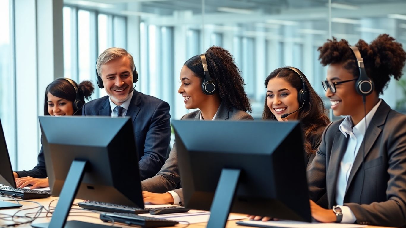 Business team using headsets and phones in office