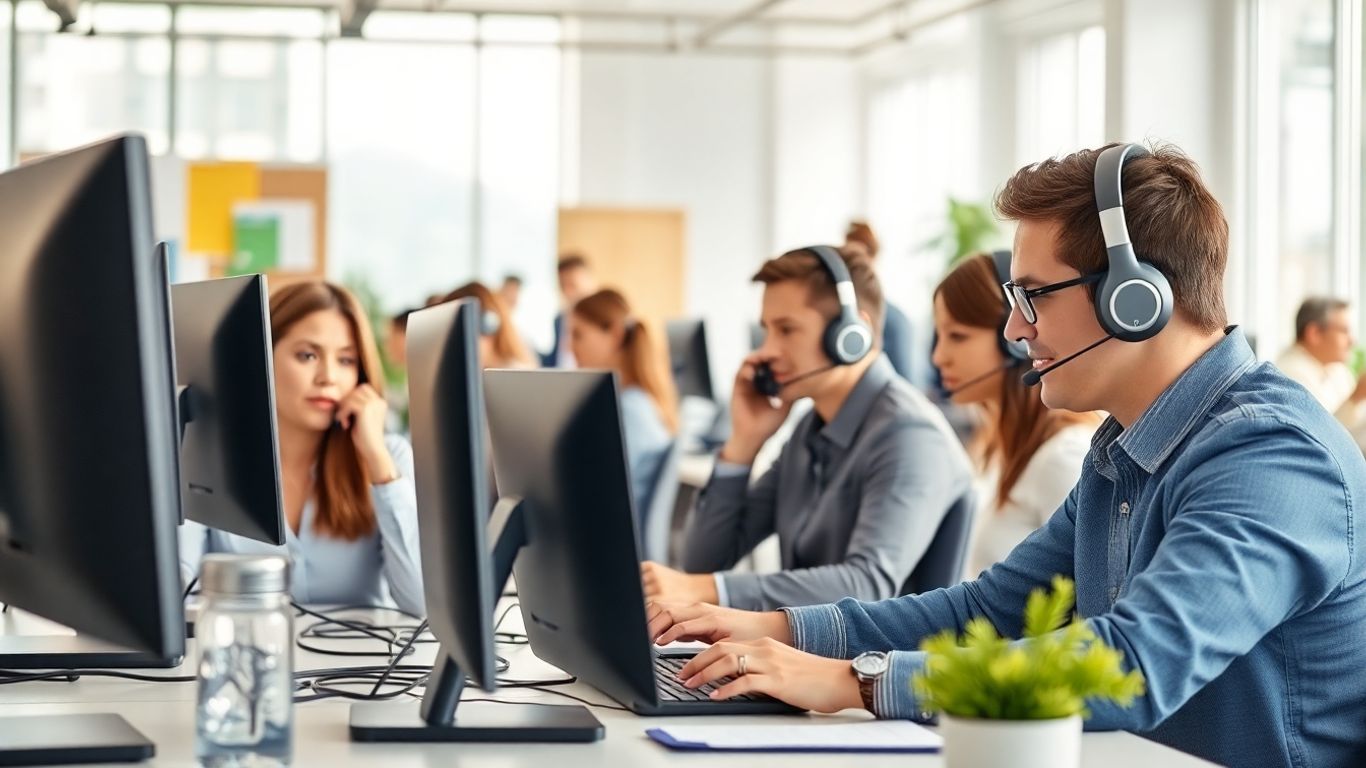 Call center agents working professionally at desks