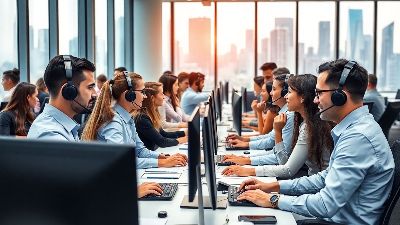 Office team wearing headsets in a busy workspace