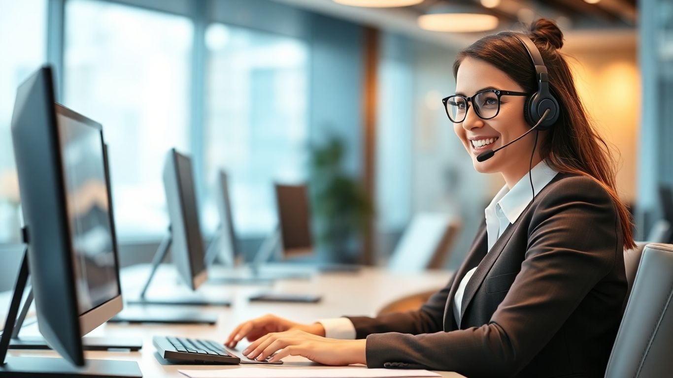 Friendly agent with headset assisting customer in office