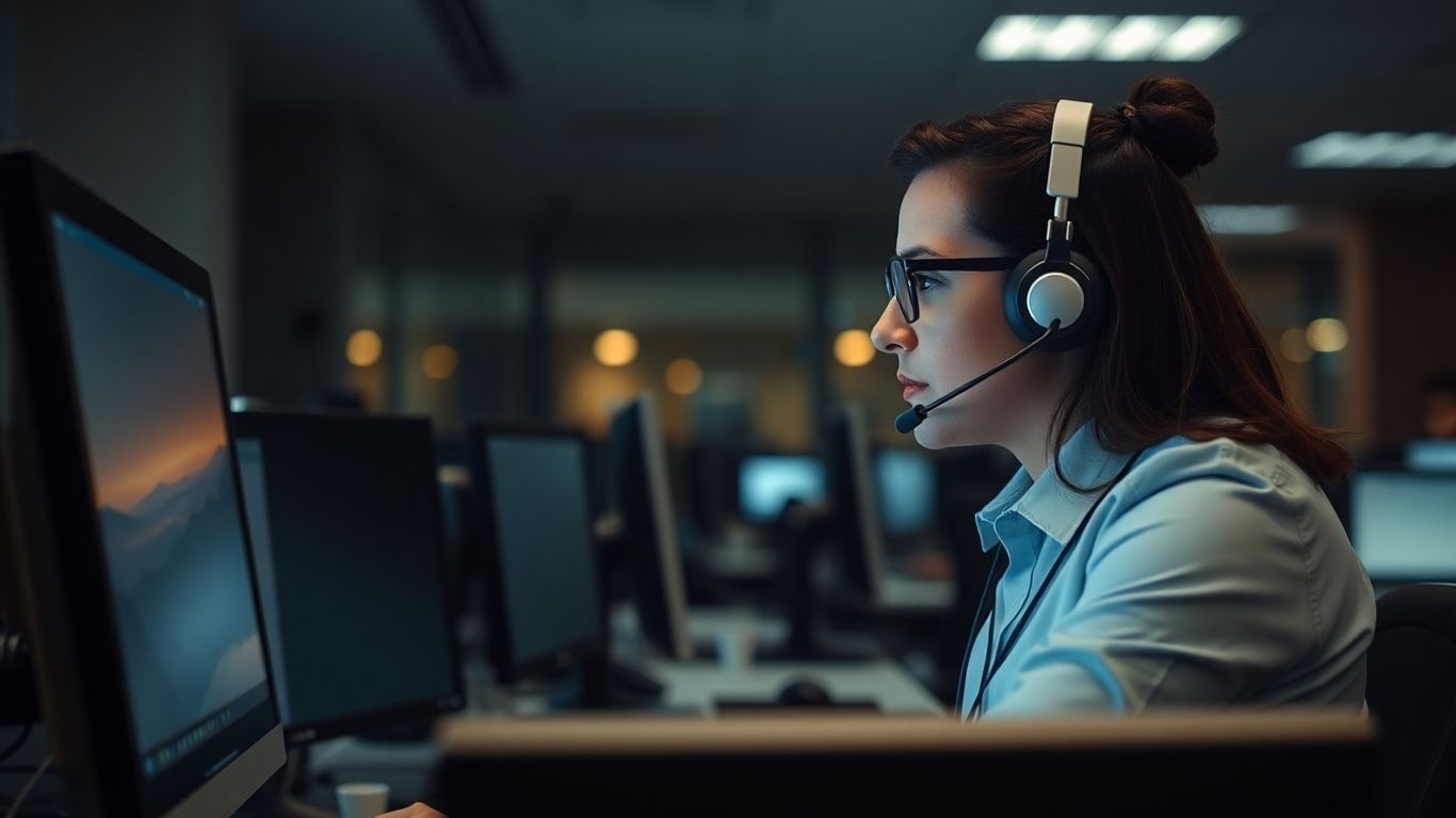 Professional call center agent working night shift at desk