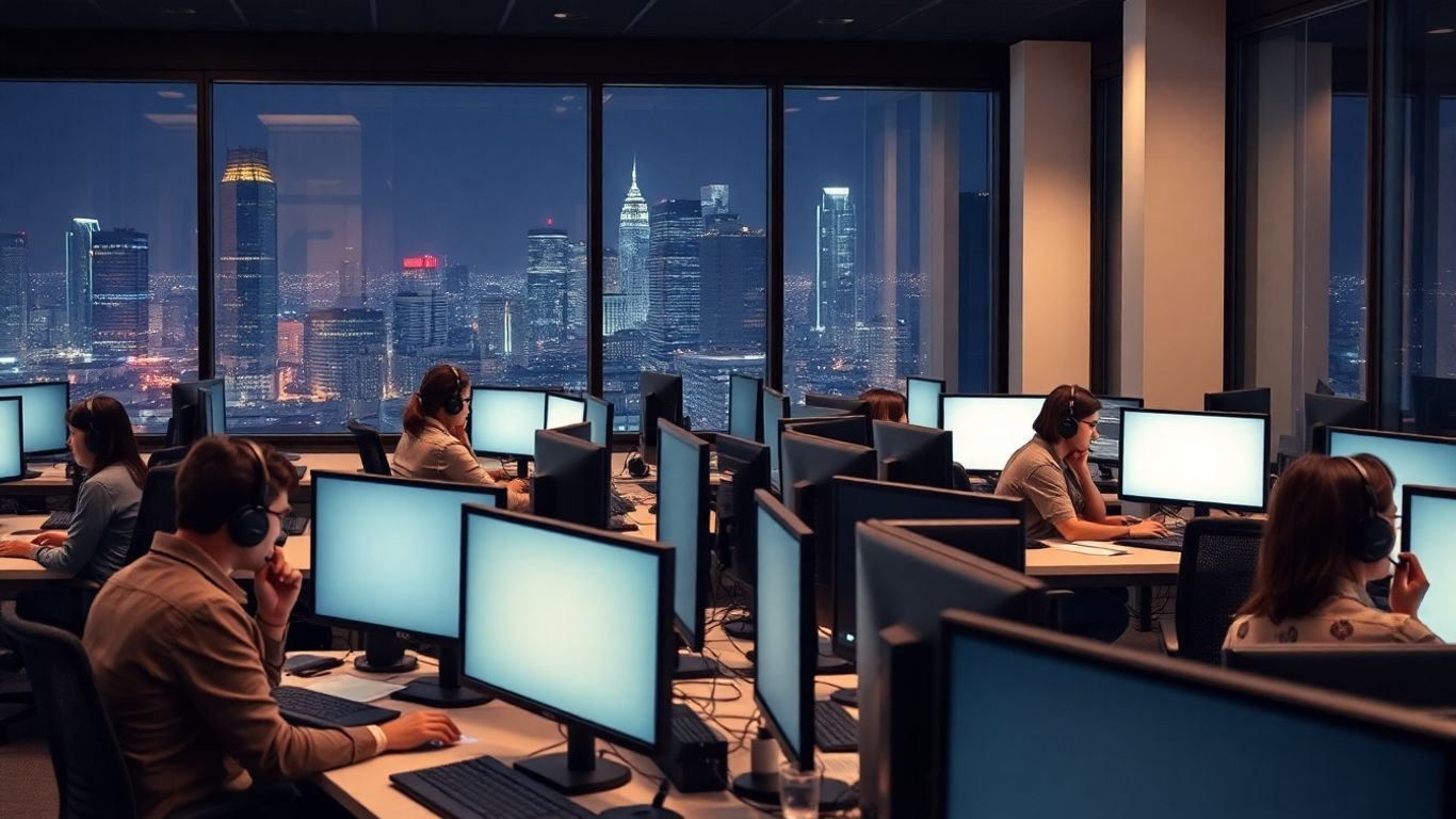 Busy call center agents working at night in office