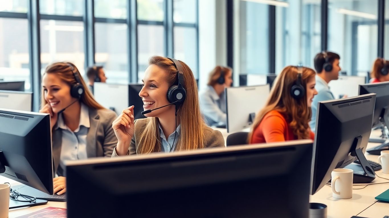 Call center agents answering multiple business phone calls