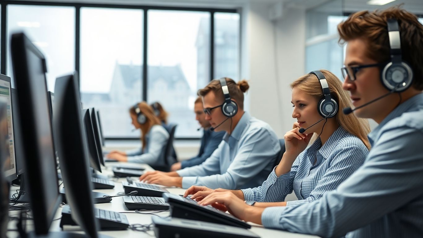 Call center agents in office working during emergency