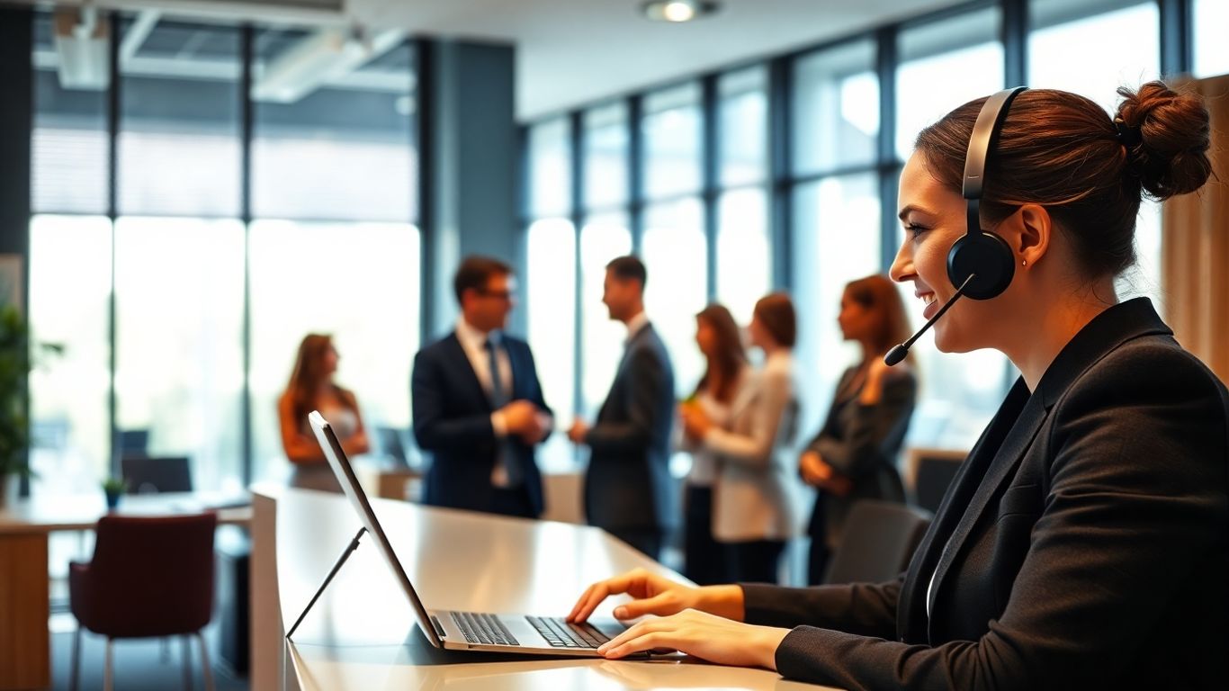 Multilingual office receptionist answering business phone call.