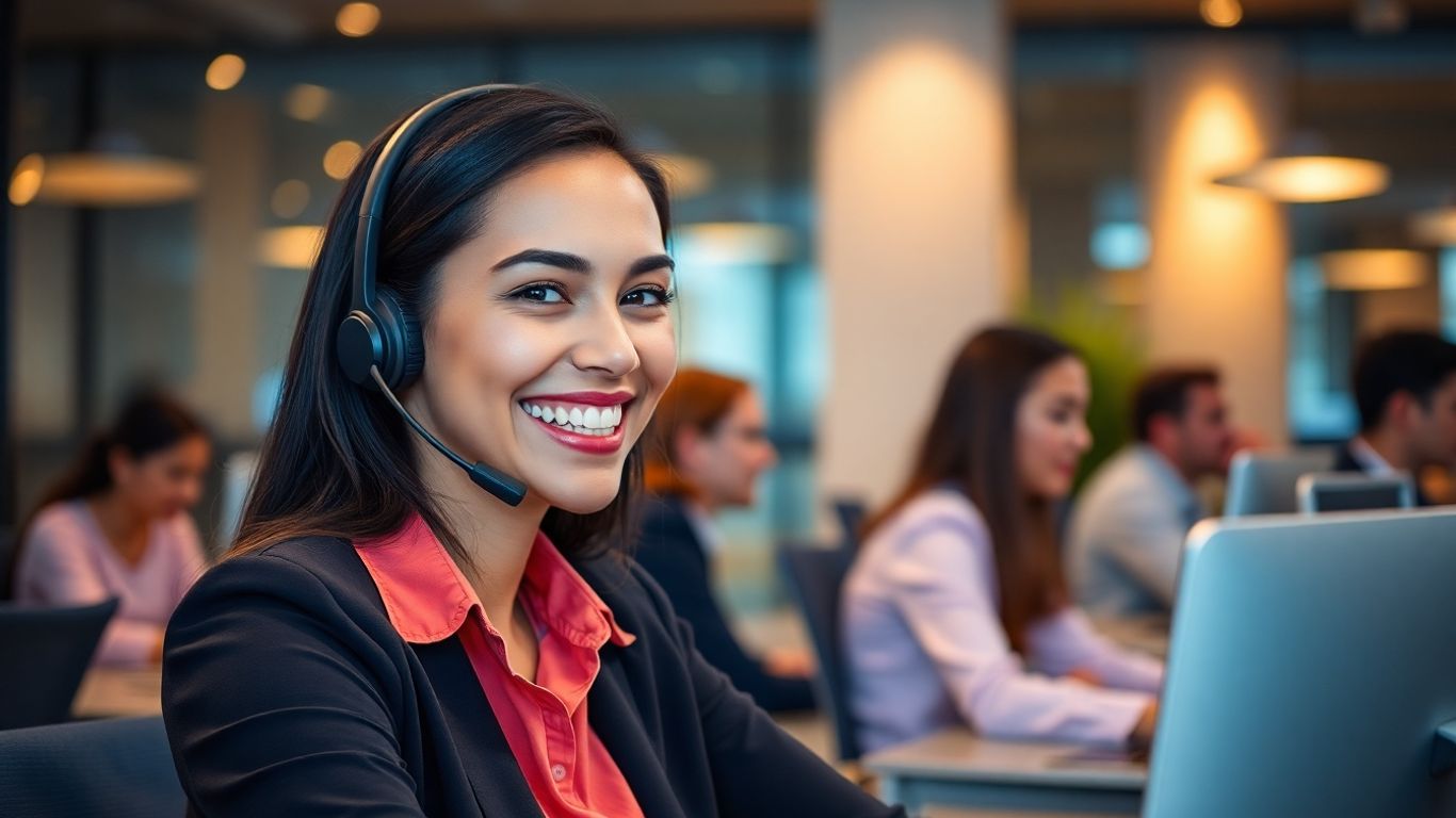 Smiling call center agent assisting customer in modern office