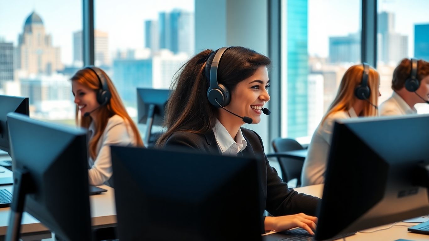 Business professionals using headsets in a modern Akron office