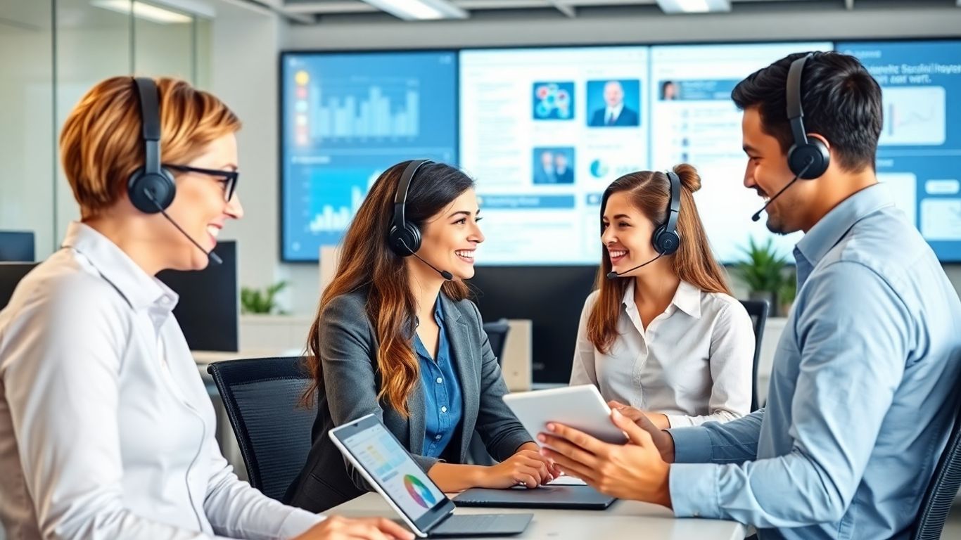 Office workers using headsets and CRM software together