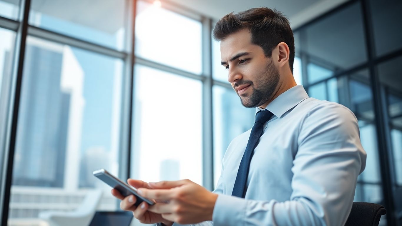 Business person texting on smartphone in office setting