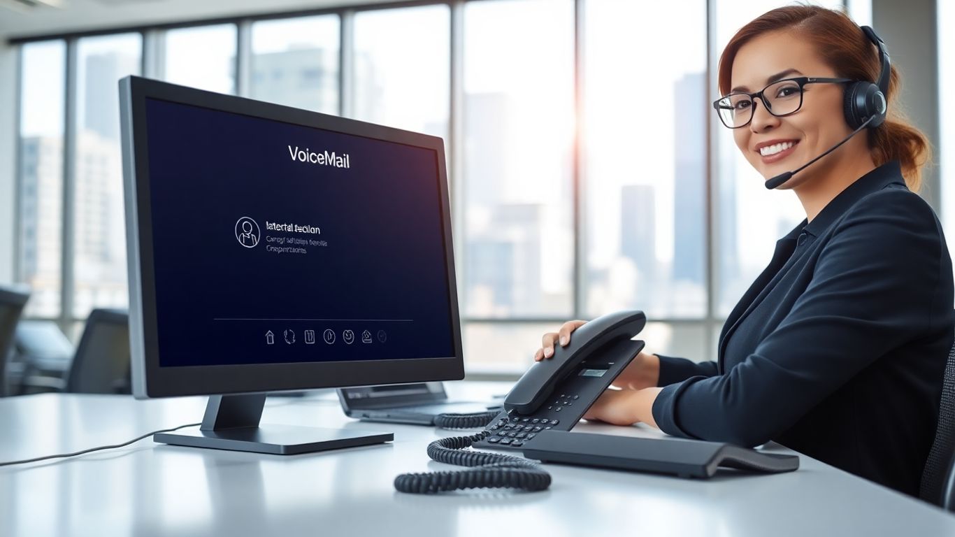 Receptionist with headset checking voicemail in modern office